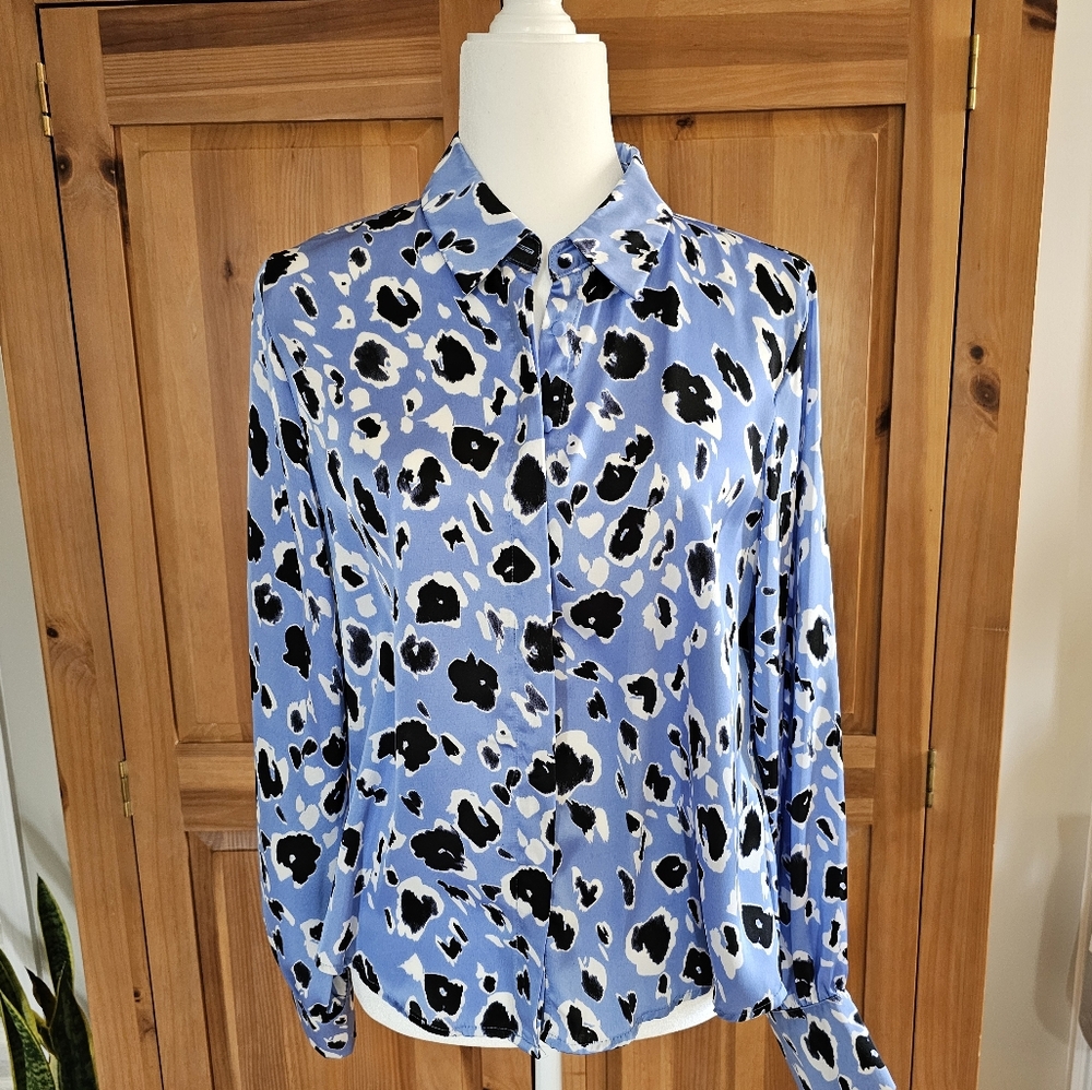 Zara Blue Black White Abstract Leopard Button-Down Shirt